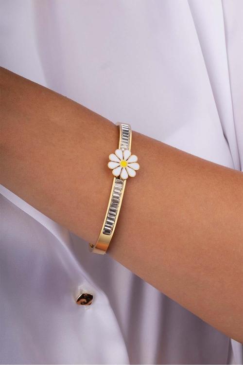 Papatya İşlemeli Baget Taşlı Altın Kaplama Çelik Kadın Kelepçe Bileklik