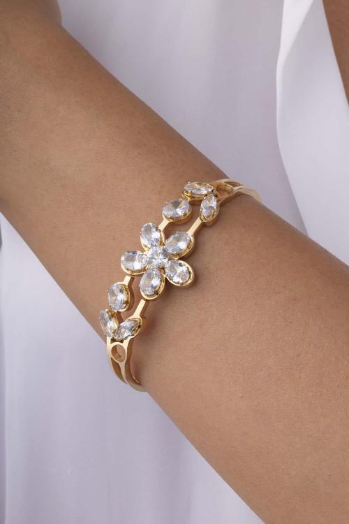 Zirkon Taşlı Yonca Altın Kaplama Çelik Kelepçe Bileklik