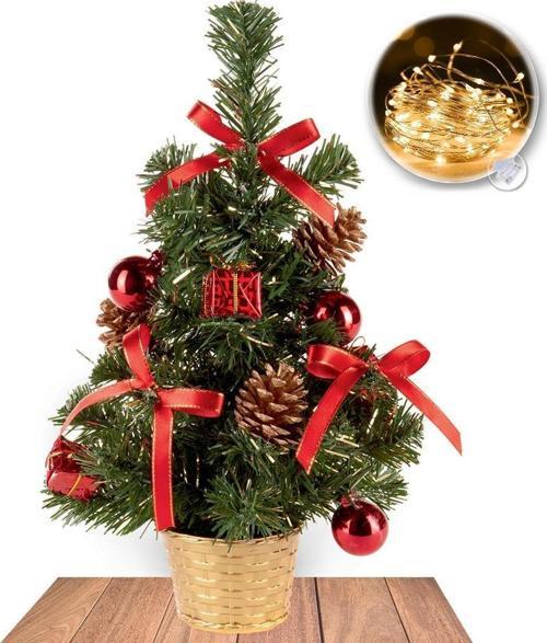 Süslemeli 30 cm Çam Ağacı + 3 Metre Peri Led - Süslü Çam Ağacı - Yılbaşı Çam Ağacı