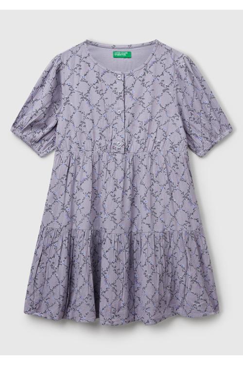 Kız Çocuk Mor Viskozlu Desenli Önü Düğmeli Pileli Katlı Kısa Kollu Elbise