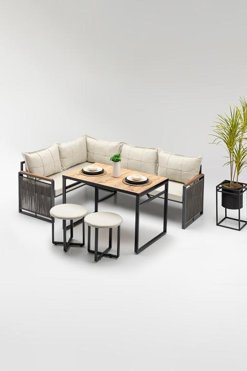 Motto (Masa Ve Puflu) Köşe Takımı Bej-Antrasit (Balkon-Bahçe-Mutfak)