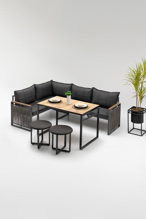Motto (Masa Ve Puflu) Köşe Takımı Siyah-Antrasit (Balkon-Bahçe-Mutfak)