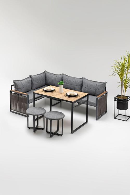 Motto (Masa Ve Puflu) Köşe Takımı Gri-Antrasit (Balkon-Bahçe-Mutfak)