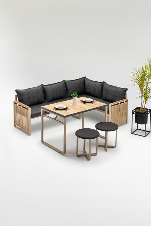 Monisa (Masa Ve Puflu) Köşe Takımı Siyah-Kahve (Balkon-Bahçe-Mutfak)