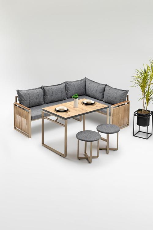 Monisa (Masa Ve Puflu) Köşe Takımı Gri-Kahve (Balkon-Bahçe-Mutfak)