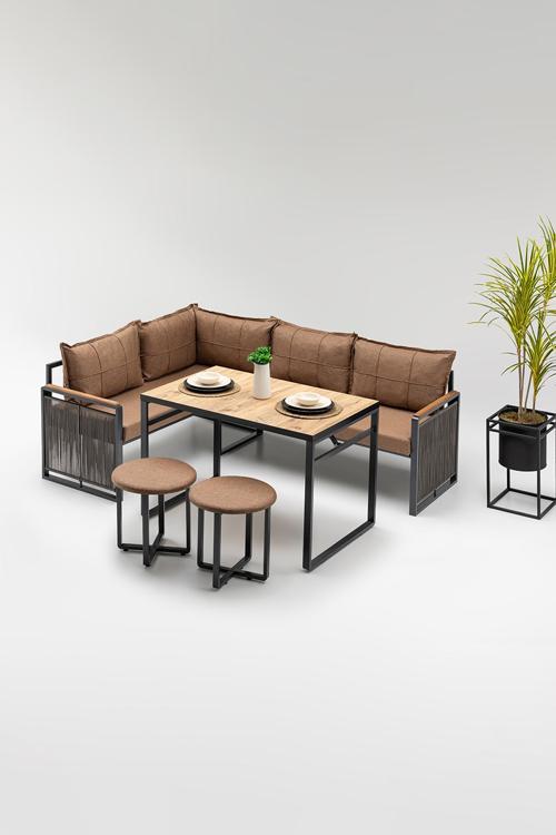 Motto (Masa Ve Puflu) Köşe Takımı Kahve-Antrasit (Balkon-Bahçe-Mutfak)