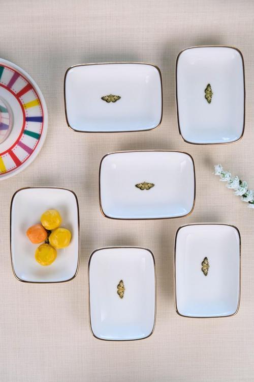 Kelebek Altın Yaldızlı Dikdörtgen Kayık Tabak 10x7x2cm 6 LI