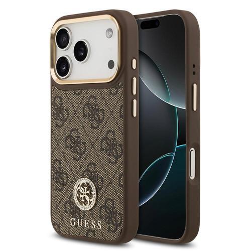 İphone 17 Pro Kılıf Guess Lisanslı M-Safe Şarjlı Gold Kamera Çerçeveli Taşlı 4G Logolu Kahverengi