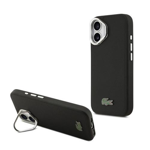 İphone 17 Uyumlu Kılıf Lacoste Lisanslı M-Safe Şarjlı Pu Pike Desenli Standlı Metal Logolu Siyah