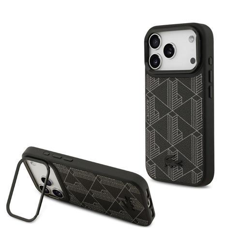 İphone 17 Pro Uyumlu Kılıf Lisanslı M-Safe Şarjlı Standlı Pu Deri Monogram Desenli Siyah