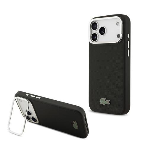 İphone 17 Pro Max Kılıf Lacoste Lisanslı M-Safe Şarjlı Pu Pike Desenli Standlı Metal Logolu Siyah