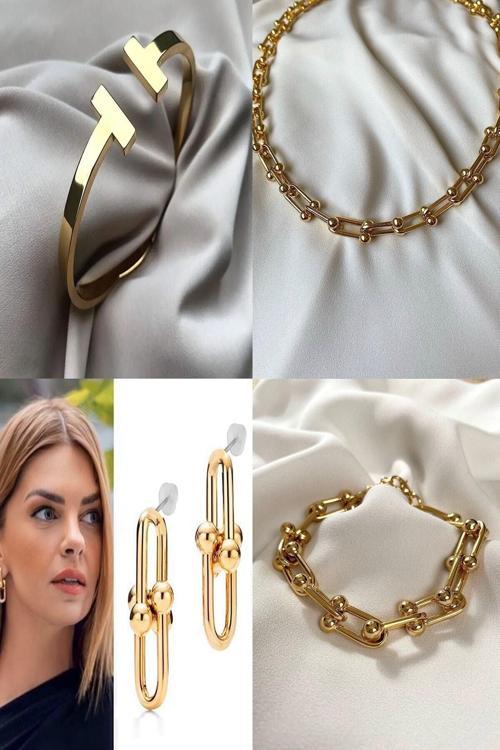 Altın Renk Tiffany Blanca Tifany Kombin Set Kolye Bileklik Kelepçe Ve Küpeden Oluşan Kombin Ürün