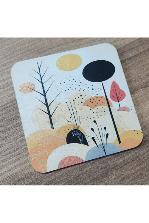 Floral - Çiçek Desenli Ahşap Bardak Altlığı Seti - 6'Lı