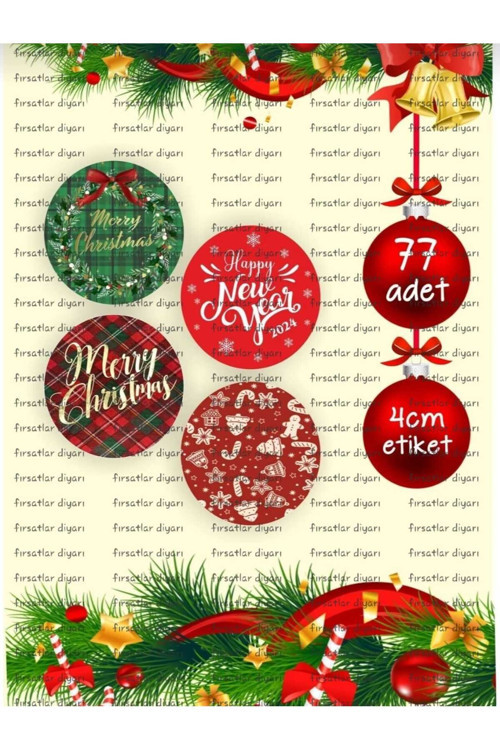 Yeni Yıl - Yılbaşı - Mutlu Yıllar - Merry Christmas - Noel Kargo Paketleme Etiket Sticker - 77 Adet