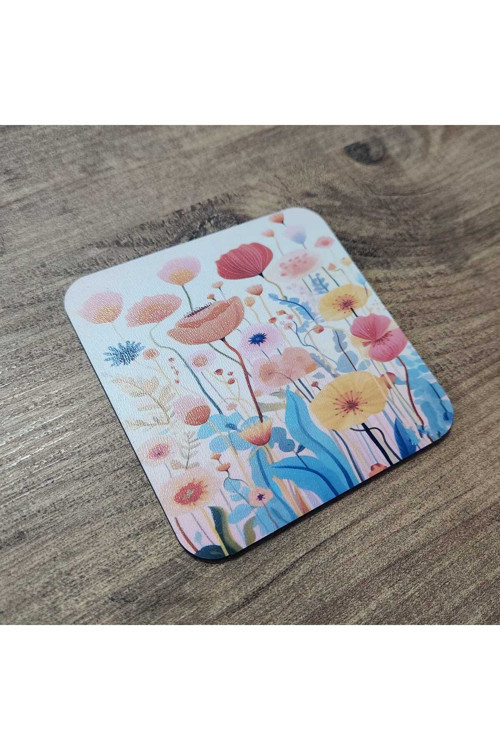 Floral - Çiçek Desenli Ahşap Bardak Altlığı Seti - 6'Lı
