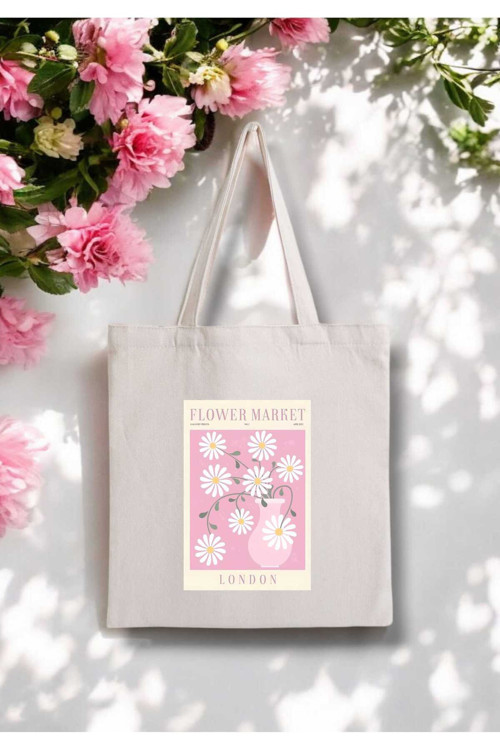 Flower Market London Baskılı Ham Bez Kanvas Çanta - 280 Gr