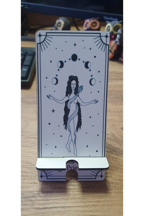 Ahşap Telefon Tutucu Masaüstü Cep Telefonu Standı - Azize - The High Priestess - Tarot Desenli