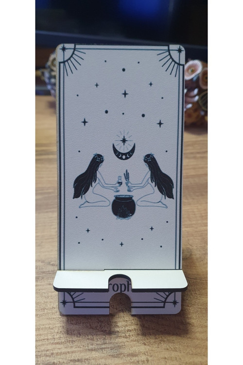Ahşap Telefon Tutucu Masaüstü Cep Telefonu Standı - Tarot Desenli