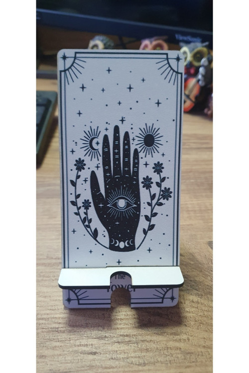 Ahşap Telefon Tutucu Masaüstü Cep Telefonu Standı - Tarot Desenli