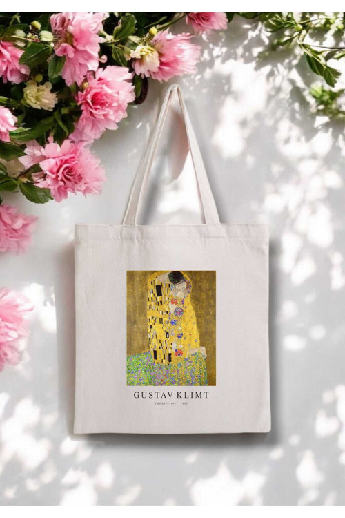 Gustav Klimt - The Kiss - Öpücük Baskılı Ham Bez Kanvas Çanta - 280 Gr