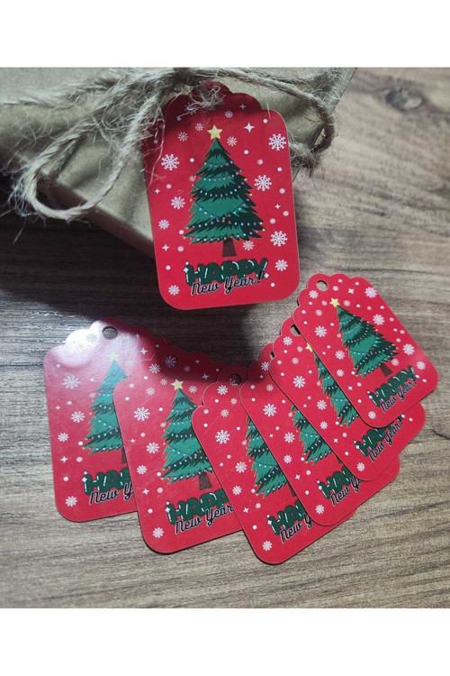Hediye Paketleme Delikli Karton Etiket - Yeni Yıl Mutlu Yıllar Happy New Year Noel Ağacı - 45 Adet