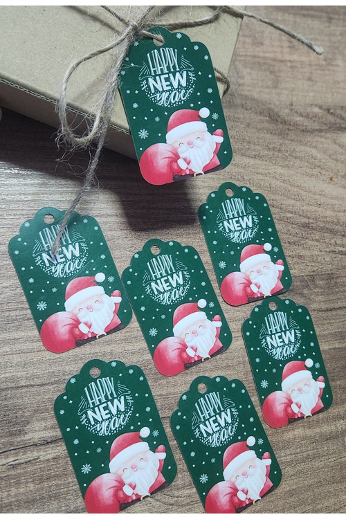 Hediye Paketleme Delikli Karton Etiket - Yeni Yıl Mutlu Yıllar Happy New Year Noel Baba - 45 Adet
