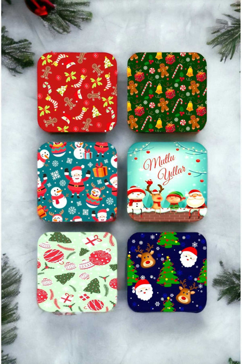 Mutlu Yıllar - Yılbaşı - Yeni Yıl - Merry Christmas Temalı Ahşap Bardak Altlığı Seti 6 Adet