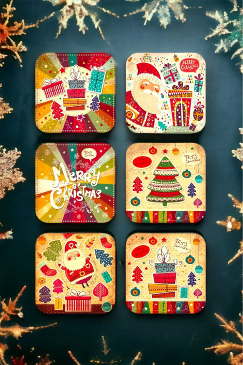 Mutlu Yıllar - Yılbaşı - Yeni Yıl - Merry Christmas Temalı Ahşap Bardak Altlığı Seti 6 Adet
