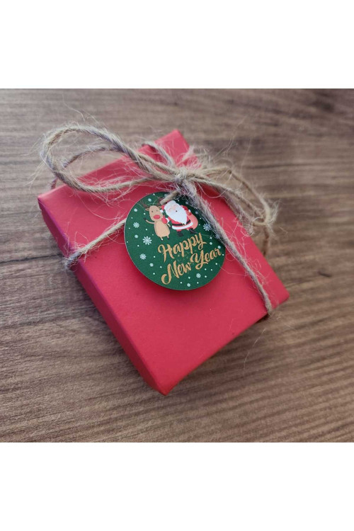 Hediye Paketleme Delikli Karton Etiket - Yeni Yıl Mutlu Yıllar Noel Happy New Year - 70 Adet
