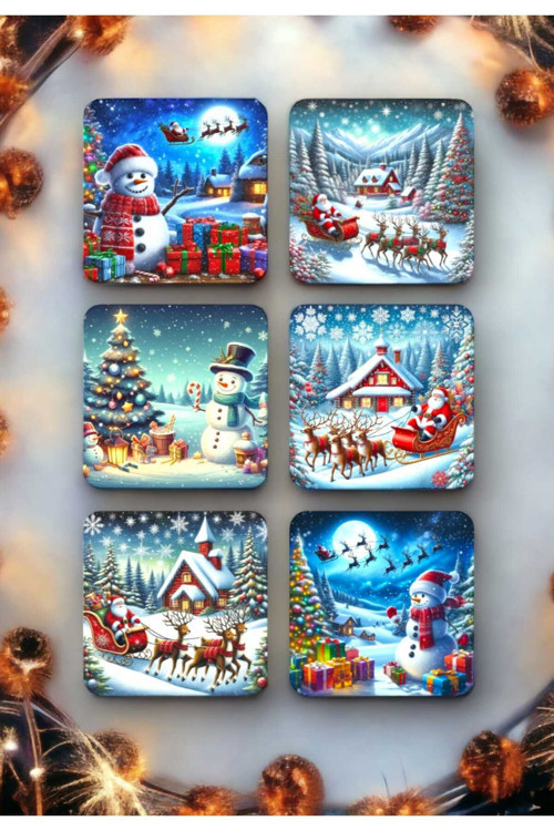 Mutlu Yıllar - Yılbaşı - Yeni Yıl - Merry Christmas Temalı Ahşap Bardak Altlığı Seti 6 Adet