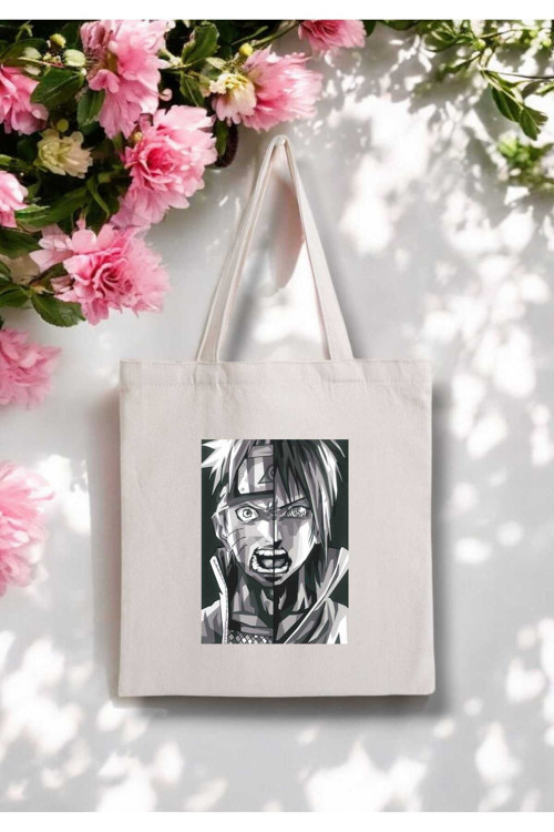 Naruto & Sasuke Anime Figür Baskılı Ham Bez Kanvas Çanta - 280 Gr