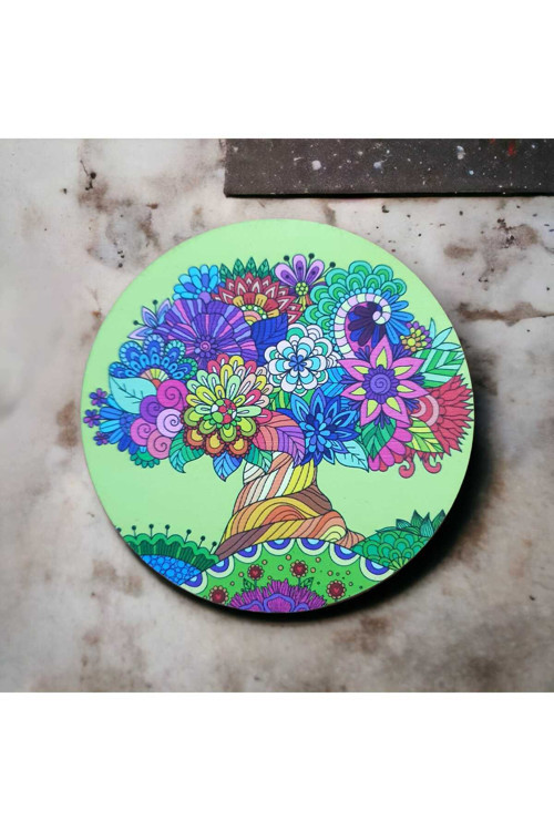 Mandala Ağaç Desenli Ahşap Bardak Altlığı Seti 6 Adet