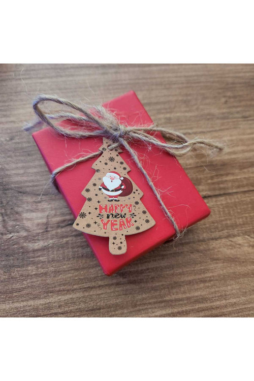 Noel Ağacı Kesimli Delikli Karton Etiket - Happy New Year - Yeni Yıl Karton Etiket - 25 Adet