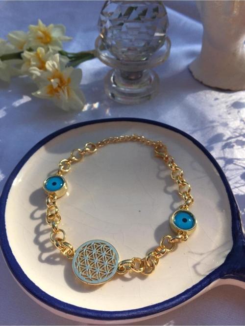 Yaşam Çiçeği Ve Nazar Boncuğu Detaylı Lüks Bileklik