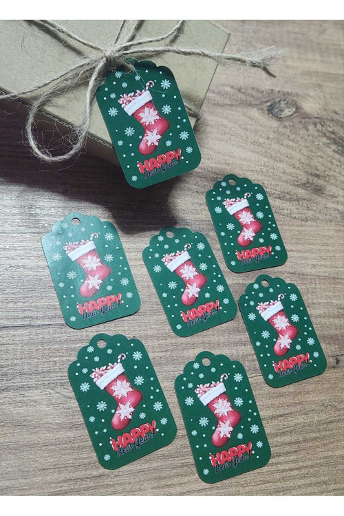 Hediye Paketleme Delikli Karton Etiket - Yeni Yıl Mutlu Yıllar Happy New Year Noel Patik - 45 Adet