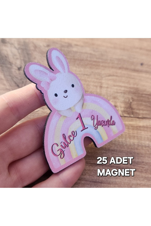 İsme Özel Doğum Günü 1 Yaş - 2 Yaş Magnet - Bebek Magnet- Baby Shower Ahşap Tavşan Magnet