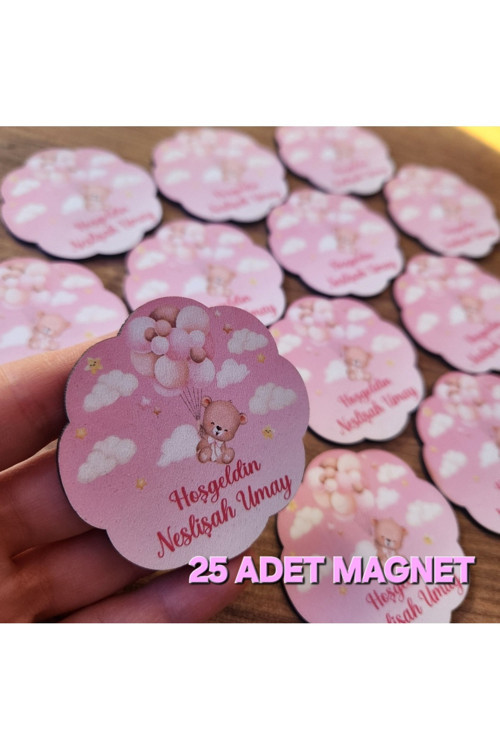 İsme Özel Hoşgeldin Bebek - Doğum Günü 1 Yaş - 2 Yaş Baby Shower Kız Ayıcık Ahşap Magnet 25 Adet