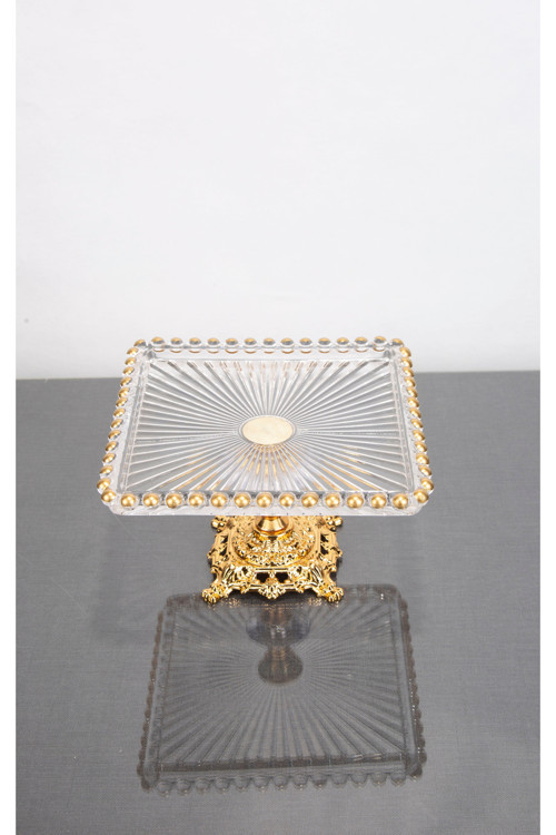 Küçük Gold Detaylı Metal Ayaklı Kare Tabak Dik Çizgi Desen 17X17X11