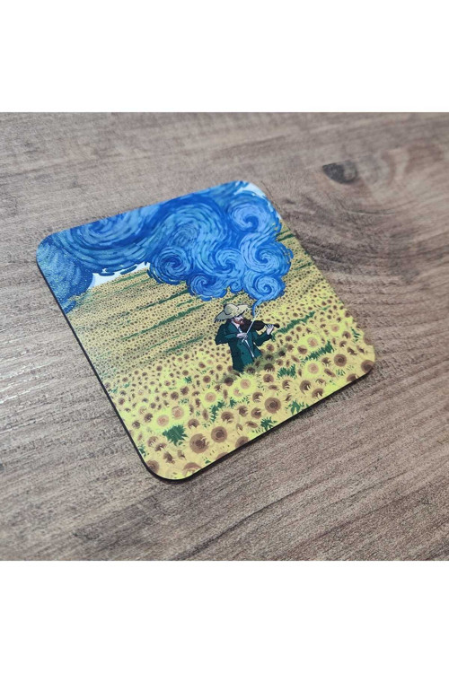 Vincent Van Gogh Yıldızlı Gece Ve Ayçiçeği Tarlası İllüstrasyon Ahşap Bardak Altlığı Seti 6 'Lı