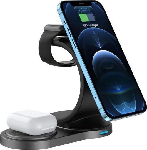 Swapp SW-CWF110 Telefon Kulaklık Akıllı Saat 15W 3 in 1 Magsafe Siyah Kablosuz Şarj Cihazı