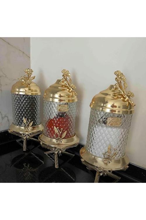 Gold Pirinç Japongül Ayaklı Lüx Kristal Kavanoz 3’Lü Set