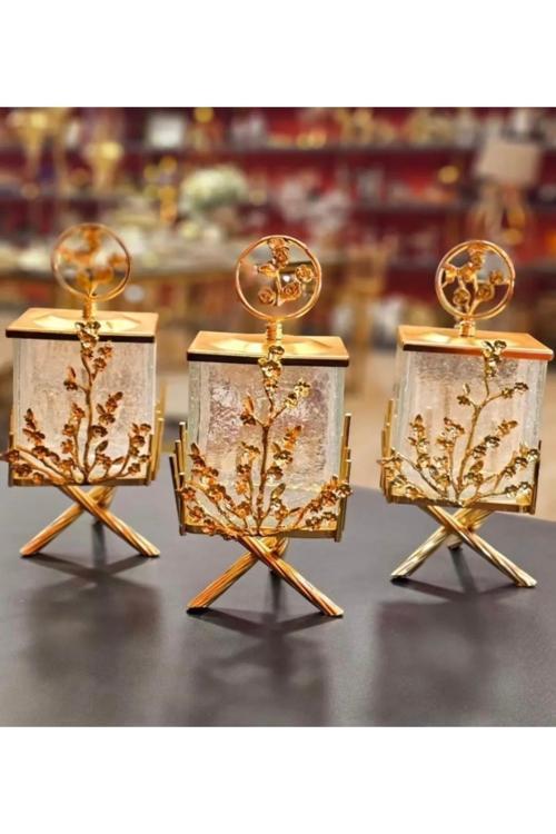 Gold Pirinç Çok Çiçek Kare Kavanoz 3’Lü Set