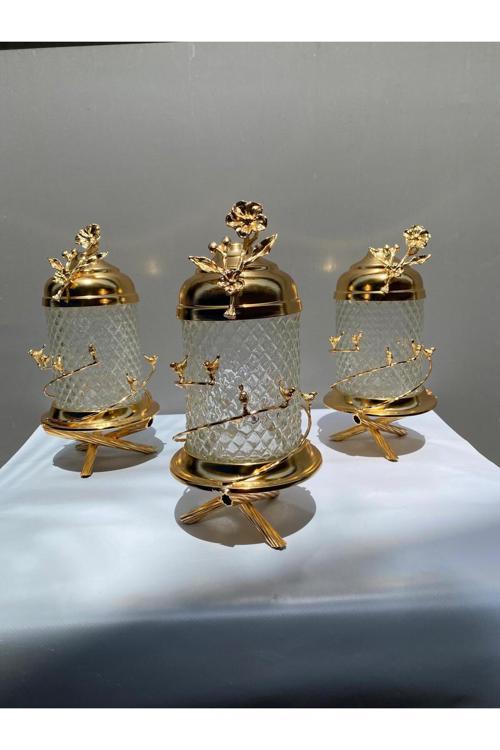 Gold Pirinç Meridyen Kuşlu Çatlak Cam Kavanoz 3’Lü