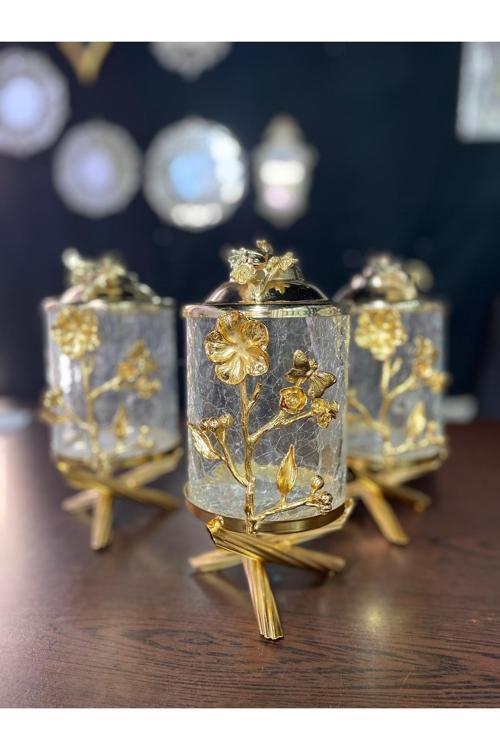 Gold Pirinç Japongül Siyah Kristal Cam Kavanoz 3’Lü Set