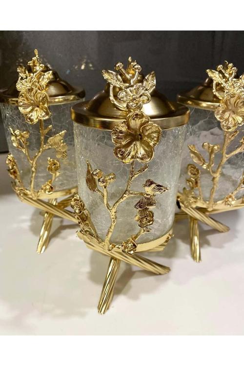 Gold Pirinç Japongül Çatlak Cam Kavanoz 3’Lü Set