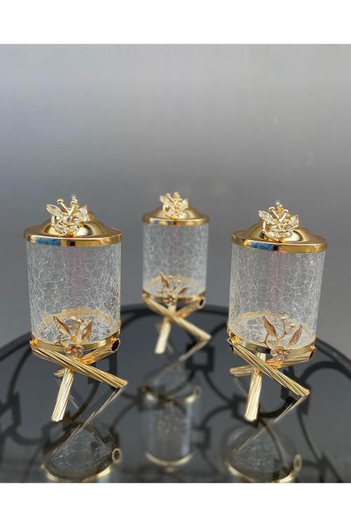 Gold Pirinç Japongül Çatlak Cam Kavanoz 3’Lü Set