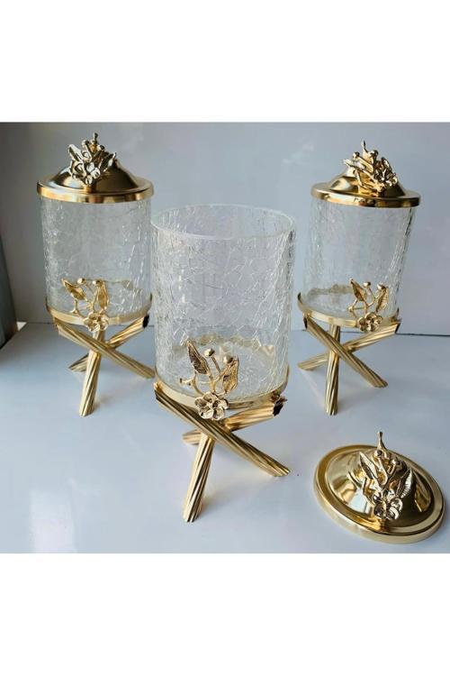 Gold Pirinç Japongül Çatlak Cam Kavanoz 3’Lü Set