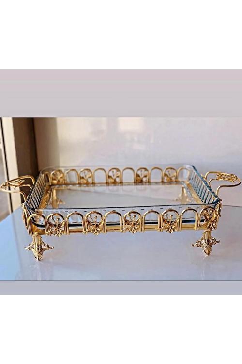 Gold Pirinç Japongül Dalgalı Dikdörtgen Borcam Cam Sunumluk