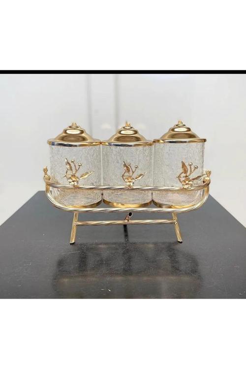 Gold Pirinç Japongül Standlı Mini Çatlak Kavanoz 3’Lü Set