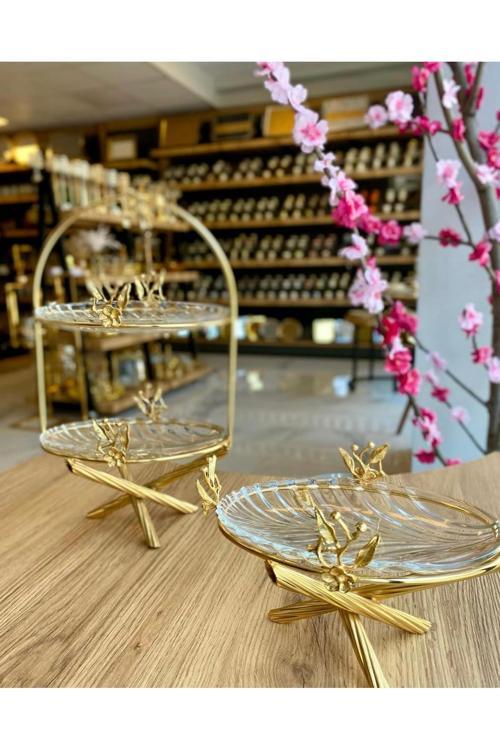 Gold Japongül Pirinç İki Katlı Cam Sunum Ve Tekli Cam Sunum İkili Set